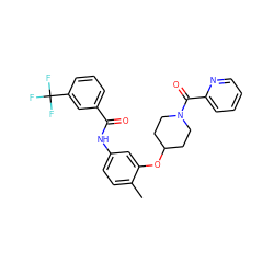 Cc1ccc(NC(=O)c2cccc(C(F)(F)F)c2)cc1OC1CCN(C(=O)c2ccccn2)CC1 ZINC000653823239