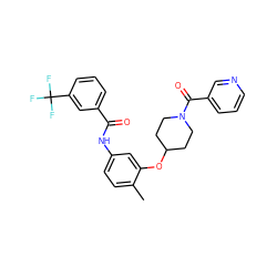 Cc1ccc(NC(=O)c2cccc(C(F)(F)F)c2)cc1OC1CCN(C(=O)c2cccnc2)CC1 ZINC000653825249