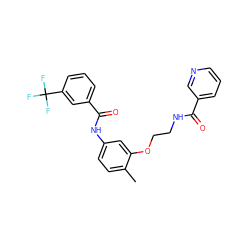 Cc1ccc(NC(=O)c2cccc(C(F)(F)F)c2)cc1OCCNC(=O)c1cccnc1 ZINC000653823281