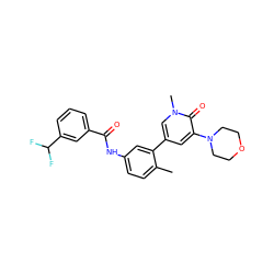 Cc1ccc(NC(=O)c2cccc(C(F)F)c2)cc1-c1cc(N2CCOCC2)c(=O)n(C)c1 ZINC000226003485