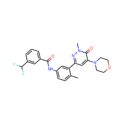 Cc1ccc(NC(=O)c2cccc(C(F)F)c2)cc1-c1cc(N2CCOCC2)c(=O)n(C)n1 ZINC000225972392