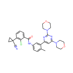 Cc1ccc(NC(=O)c2cccc(C3(C#N)CC3)c2Cl)cc1-c1cc(N2CCOCC2)nc(N2CCOCC2)n1 ZINC000220738528