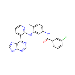 Cc1ccc(NC(=O)c2cccc(Cl)c2)cc1Nc1ncccc1-c1ncnc2[nH]cnc12 ZINC000299834405