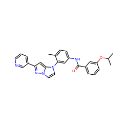 Cc1ccc(NC(=O)c2cccc(OC(C)C)c2)cc1-n1ccn2nc(-c3cccnc3)cc12 ZINC000224224521