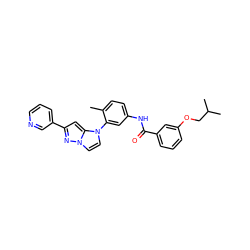 Cc1ccc(NC(=O)c2cccc(OCC(C)C)c2)cc1-n1ccn2nc(-c3cccnc3)cc12 ZINC000224192929