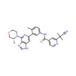 Cc1ccc(NC(=O)c2ccnc(C(C)(C)C#N)c2)cc1-c1cc2[nH]cnc2c(N2CCOC[C@H]2C)n1 ZINC000220741098