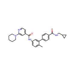 Cc1ccc(NC(=O)c2ccnc(N3CCCCC3)c2)cc1-c1ccc(C(=O)NCC2CC2)cc1 ZINC000040918269