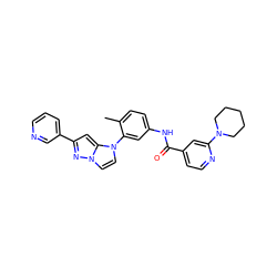 Cc1ccc(NC(=O)c2ccnc(N3CCCCC3)c2)cc1-n1ccn2nc(-c3cccnc3)cc12 ZINC000224211144