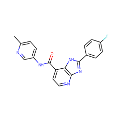 Cc1ccc(NC(=O)c2ccnc3nc(-c4ccc(F)cc4)[nH]c23)cn1 ZINC000084668451