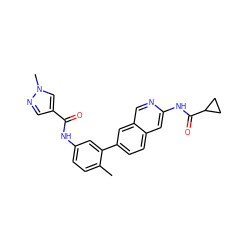 Cc1ccc(NC(=O)c2cnn(C)c2)cc1-c1ccc2cc(NC(=O)C3CC3)ncc2c1 ZINC000144394256