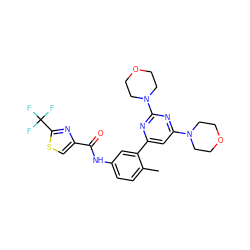 Cc1ccc(NC(=O)c2csc(C(F)(F)F)n2)cc1-c1cc(N2CCOCC2)nc(N2CCOCC2)n1 ZINC000220481449