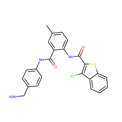 Cc1ccc(NC(=O)c2sc3ccccc3c2Cl)c(C(=O)Nc2ccc(CN)cc2)c1 ZINC000013487476