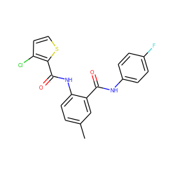 Cc1ccc(NC(=O)c2sccc2Cl)c(C(=O)Nc2ccc(F)cc2)c1 ZINC000013487506