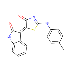 Cc1ccc(NC2=NC(=O)/C(=C3\C(=O)Nc4ccccc43)S2)cc1 ZINC000101416754