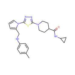 Cc1ccc(NCc2cccn2-c2nnc(N3CCC(C(=O)NC4CC4)CC3)s2)cc1 ZINC000021161236