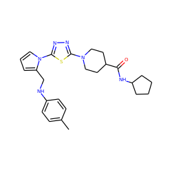 Cc1ccc(NCc2cccn2-c2nnc(N3CCC(C(=O)NC4CCCC4)CC3)s2)cc1 ZINC000021161240