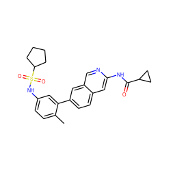 Cc1ccc(NS(=O)(=O)C2CCCC2)cc1-c1ccc2cc(NC(=O)C3CC3)ncc2c1 ZINC000144330067