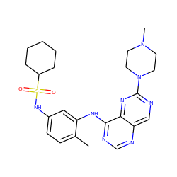 Cc1ccc(NS(=O)(=O)C2CCCCC2)cc1Nc1ncnc2cnc(N3CCN(C)CC3)nc12 ZINC000166182955