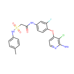 Cc1ccc(NS(=O)(=O)CC(=O)Nc2ccc(Oc3ccnc(N)c3Cl)c(F)c2)cc1 ZINC000169333305