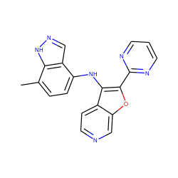 Cc1ccc(Nc2c(-c3ncccn3)oc3cnccc23)c2cn[nH]c12 ZINC000066074451