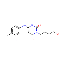 Cc1ccc(Nc2cc(=O)n(CCCCO)c(=O)[nH]2)cc1I ZINC000013522402