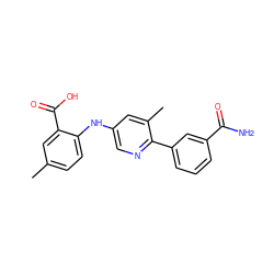 Cc1ccc(Nc2cnc(-c3cccc(C(N)=O)c3)c(C)c2)c(C(=O)O)c1 ZINC000113898438