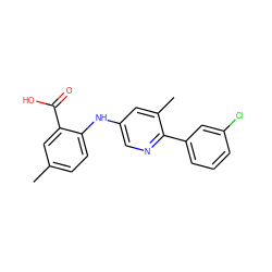 Cc1ccc(Nc2cnc(-c3cccc(Cl)c3)c(C)c2)c(C(=O)O)c1 ZINC000059022664