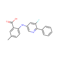 Cc1ccc(Nc2cnc(-c3ccccc3)c(F)c2)c(C(=O)O)c1 ZINC000113898337