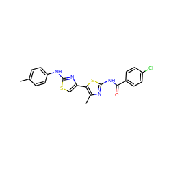 Cc1ccc(Nc2nc(-c3sc(NC(=O)c4ccc(Cl)cc4)nc3C)cs2)cc1 ZINC000029051557