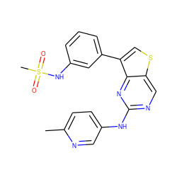 Cc1ccc(Nc2ncc3scc(-c4cccc(NS(C)(=O)=O)c4)c3n2)cn1 ZINC000068267338