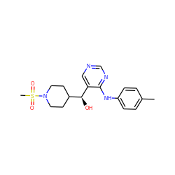 Cc1ccc(Nc2ncncc2[C@@H](O)C2CCN(S(C)(=O)=O)CC2)cc1 ZINC001772640822