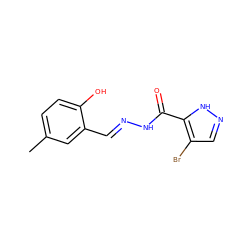 Cc1ccc(O)c(/C=N/NC(=O)c2[nH]ncc2Br)c1 ZINC000000256111