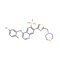 Cc1ccc(O)cc1Nc1ccnc2cc(-c3csc(CN4CCOCC4)n3)c(S(C)(=O)=O)cc12 ZINC000028823959