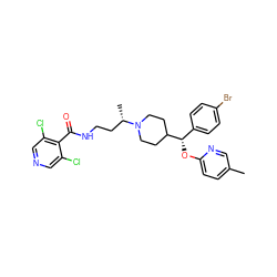 Cc1ccc(O[C@@H](c2ccc(Br)cc2)C2CCN([C@@H](C)CCNC(=O)c3c(Cl)cncc3Cl)CC2)nc1 ZINC000071330539