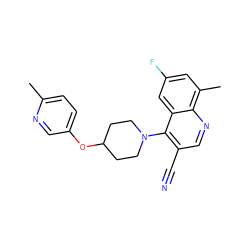 Cc1ccc(OC2CCN(c3c(C#N)cnc4c(C)cc(F)cc34)CC2)cn1 ZINC001772628350