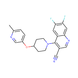 Cc1ccc(OC2CCN(c3c(C#N)cnc4cc(F)c(F)cc34)CC2)cn1 ZINC001772601513