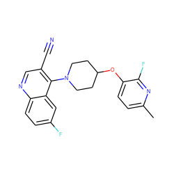 Cc1ccc(OC2CCN(c3c(C#N)cnc4ccc(F)cc34)CC2)c(F)n1 ZINC001772585105