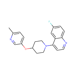 Cc1ccc(OC2CCN(c3ccnc4ccc(F)cc34)CC2)cn1 ZINC001772635572