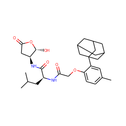 Cc1ccc(OCC(=O)N[C@@H](CC(C)C)C(=O)N[C@H]2CC(=O)O[C@@H]2O)c(C23CC4CC(CC(C4)C2)C3)c1 ZINC000013819262