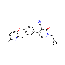 Cc1ccc(Oc2ccc(-c3ccn(CC4CC4)c(=O)c3C#N)cc2)c(C)n1 ZINC000084670671