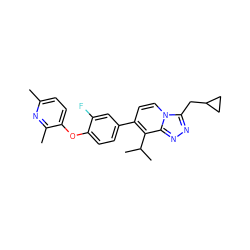 Cc1ccc(Oc2ccc(-c3ccn4c(CC5CC5)nnc4c3C(C)C)cc2F)c(C)n1 ZINC001772651255