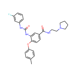 Cc1ccc(Oc2ccc(C(=O)NCCN3CCCC3)cc2NC(=O)Nc2cccc(F)c2)cc1 ZINC000036351876