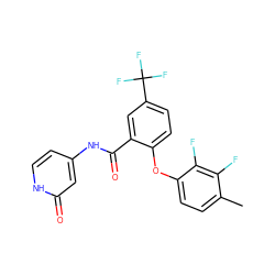 Cc1ccc(Oc2ccc(C(F)(F)F)cc2C(=O)Nc2cc[nH]c(=O)c2)c(F)c1F ZINC000143169112