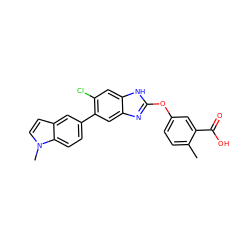 Cc1ccc(Oc2nc3cc(-c4ccc5c(ccn5C)c4)c(Cl)cc3[nH]2)cc1C(=O)O ZINC000095921139