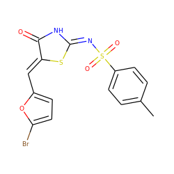 Cc1ccc(S(=O)(=O)/N=C2/NC(=O)/C(=C/c3ccc(Br)o3)S2)cc1 ZINC000013893624