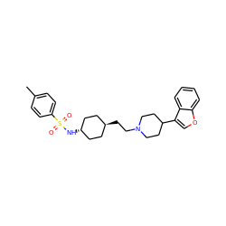 Cc1ccc(S(=O)(=O)N[C@H]2CC[C@H](CCN3CCC(c4coc5ccccc45)CC3)CC2)cc1 ZINC000261094975