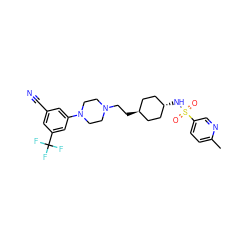 Cc1ccc(S(=O)(=O)N[C@H]2CC[C@H](CCN3CCN(c4cc(C#N)cc(C(F)(F)F)c4)CC3)CC2)cn1 ZINC000253660138