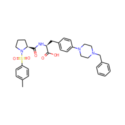 Cc1ccc(S(=O)(=O)N2CCC[C@H]2C(=O)N[C@@H](Cc2ccc(N3CCN(Cc4ccccc4)CC3)cc2)C(=O)O)cc1 ZINC000028978669