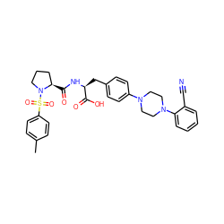 Cc1ccc(S(=O)(=O)N2CCC[C@H]2C(=O)N[C@@H](Cc2ccc(N3CCN(c4ccccc4C#N)CC3)cc2)C(=O)O)cc1 ZINC000028978651