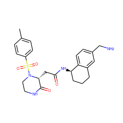 Cc1ccc(S(=O)(=O)N2CCNC(=O)[C@H]2CC(=O)N[C@@H]2CCCc3cc(CN)ccc32)cc1 ZINC000071340781